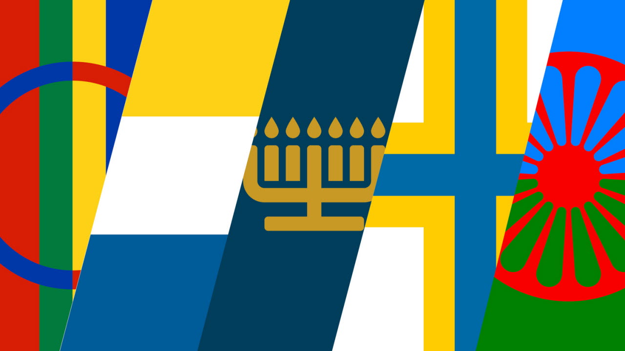De nationella minoriteternas flaggor och symboler i rött, blått, grönt, gult och vitt.