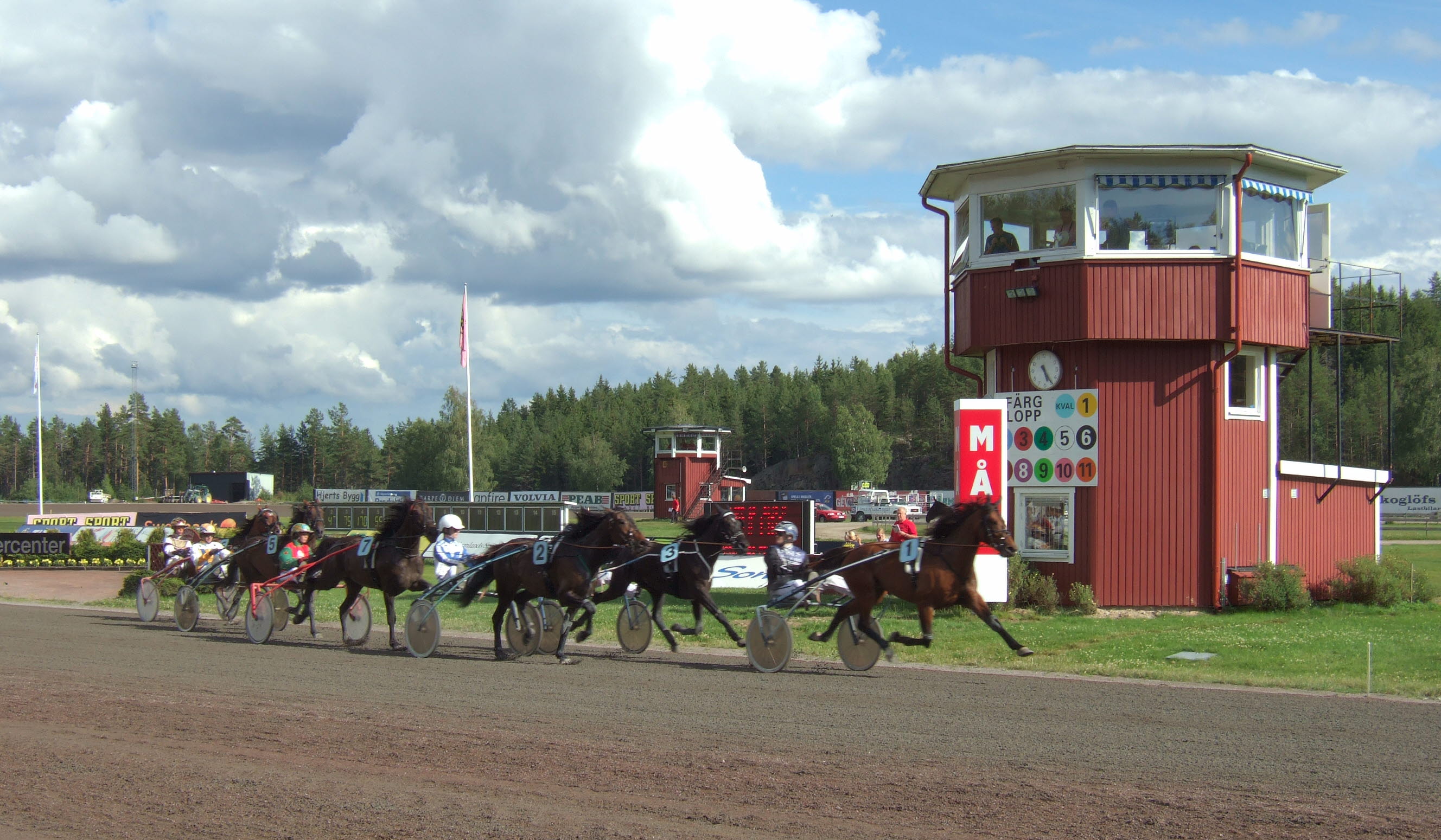 Bild från tävlingsbanan på Årjängstravet när ett antal ekipage kör.