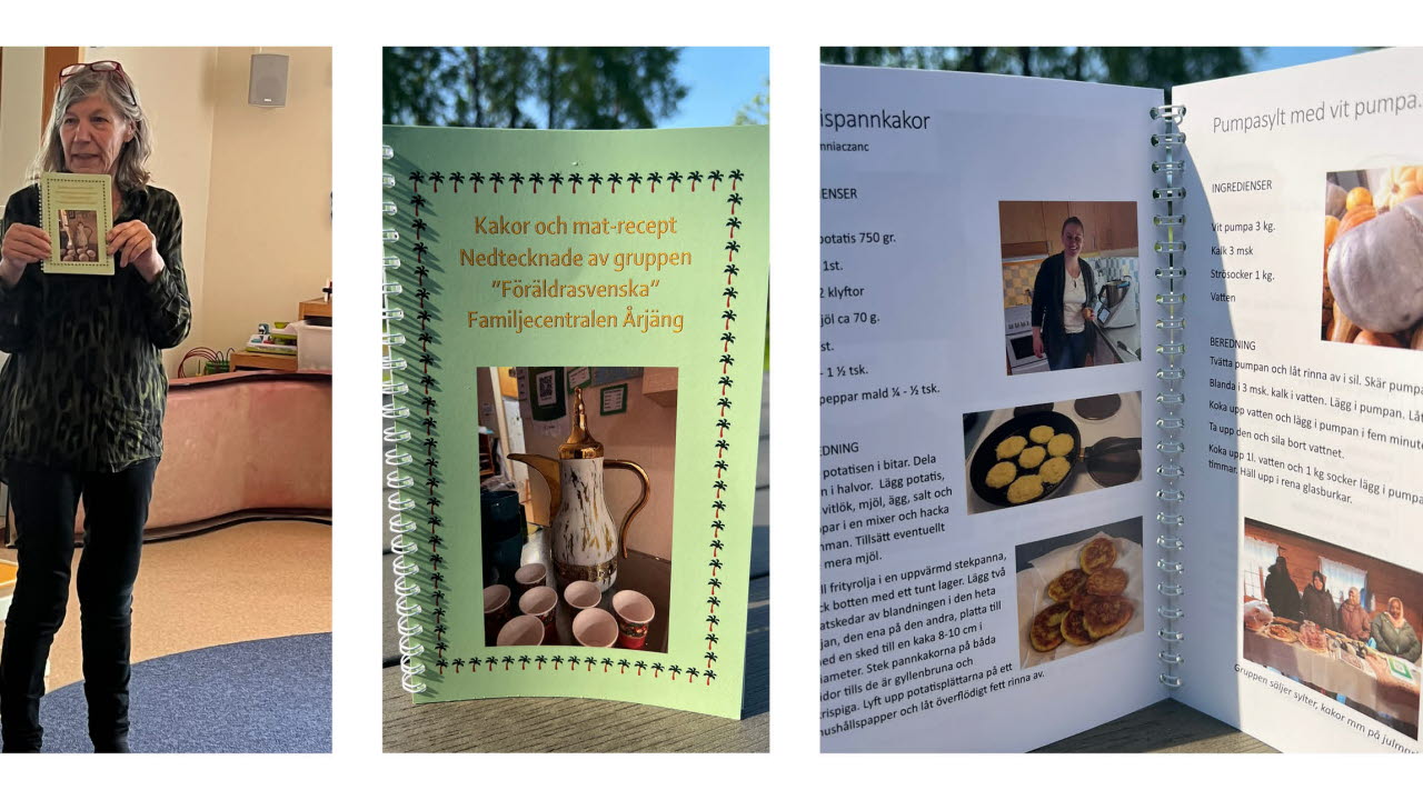Fotokollage av sommaravslutning för Kvinnoträffar på Familjecentralen med bak- och kokbok