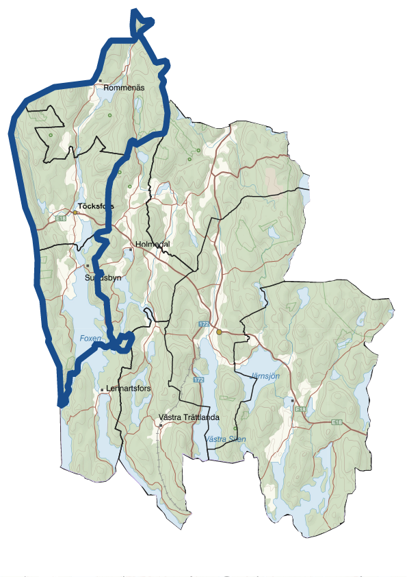 Karta över Töcksfors, Västra Fågelvik och Östervallskog