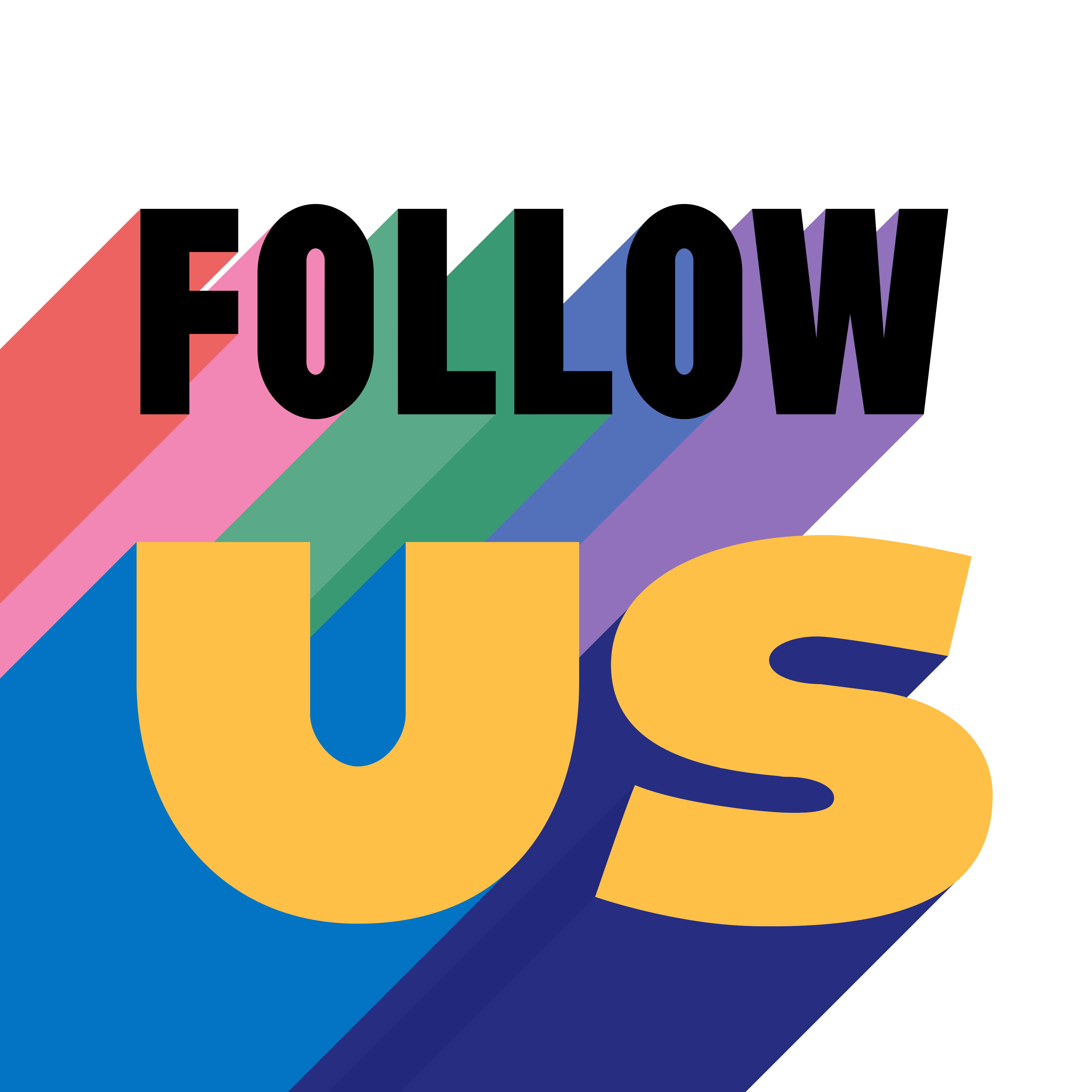 Färglad stiliserad text: Follow us