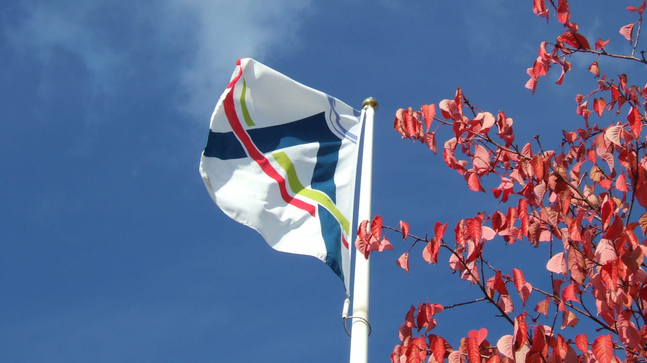 Årjängs kommuns logotyp på en flagga i en flaggstång