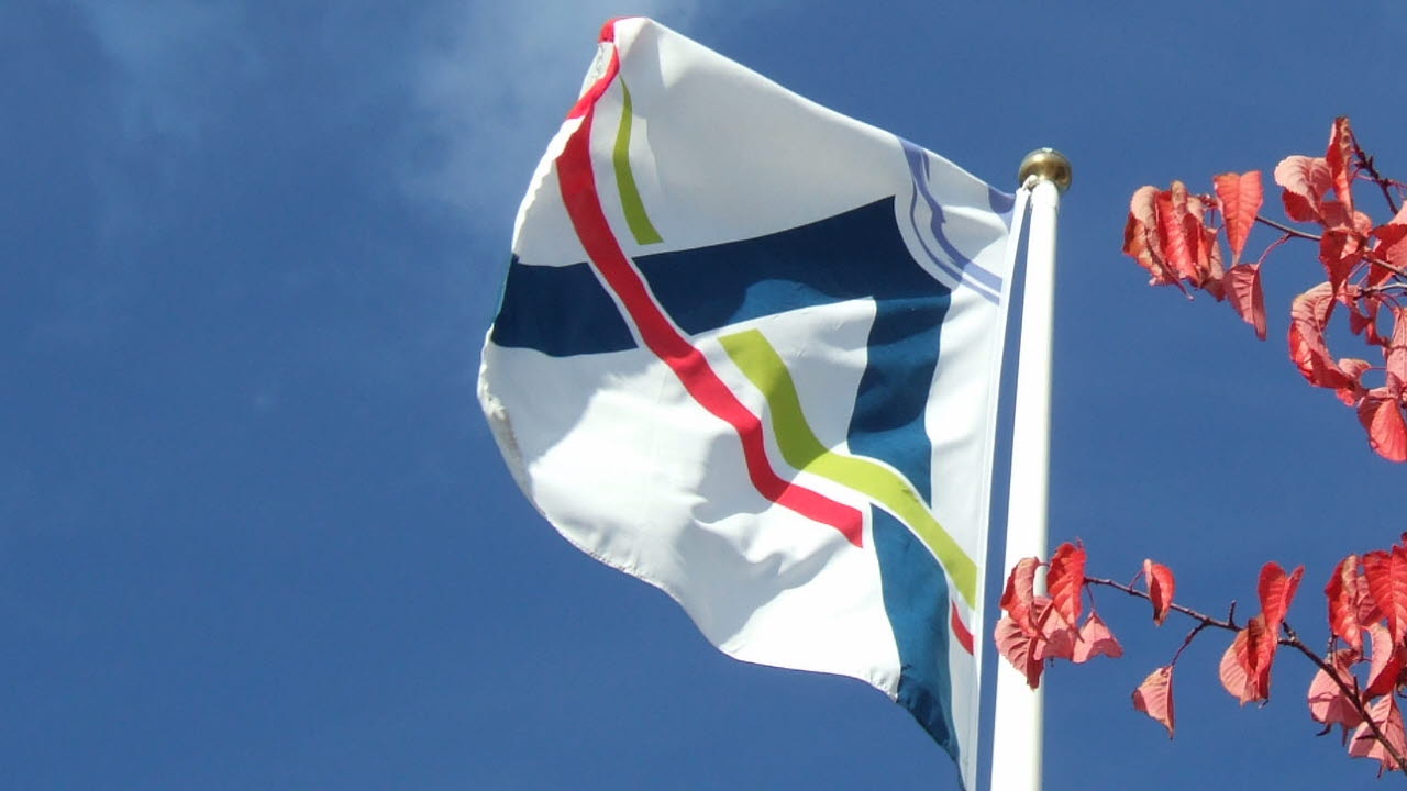 Årjängs kommuns flagga med blå himmel i bakgrund