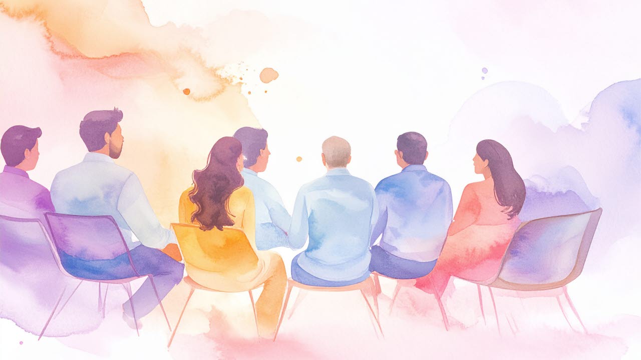 En illustration med kvinnor och män i en gruppdiskussion_ AI genererad bild