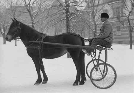 Svartvitt fotografi föreställande Erik Gustafsson från Hämnäs som sitter i en gammaldags sulky bakom en häst. Det var vinter när bilden togs.