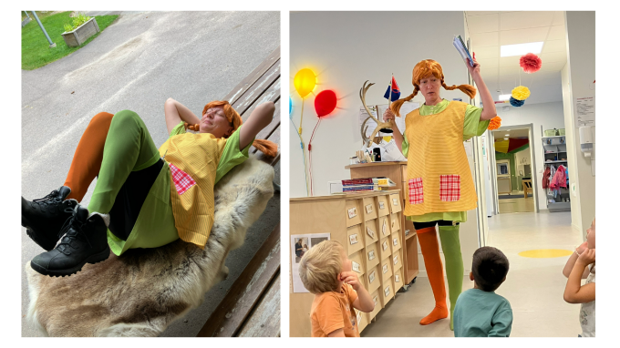 En föreskolepedagog utklädd till Pippi Långstrump som interagerar med barnen