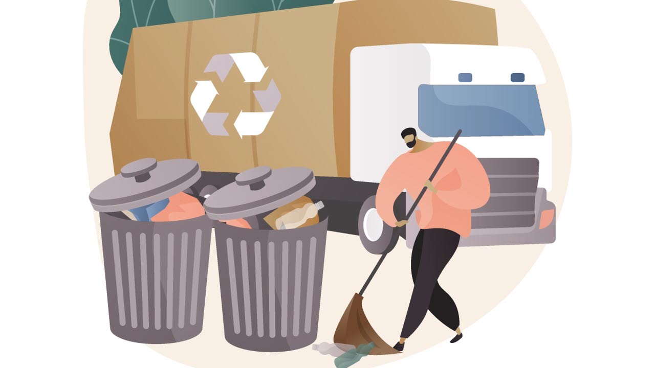 Illustration sopbil och man som sopar upp avfall i tunnor